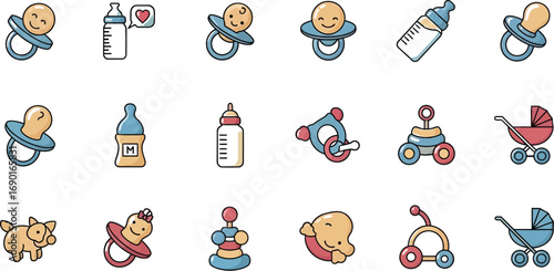 A delightful assortment of baby essentials, including pacifiers, bottles, toys, and a charming baby carriage illustration