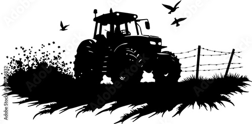 tractor silhouette in the field vector, tractor, farm, agriculture, red, machinery, agricultural, equipment, machine, vehicle, toy, transport, farming, field, isolated, green, truck, car, industry, fa