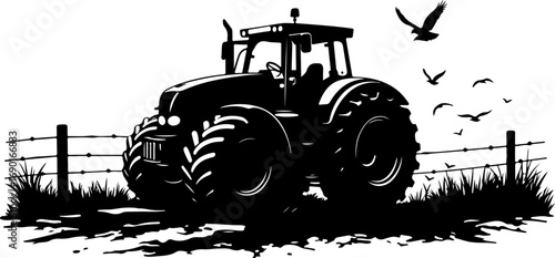 tractor silhouette in the field vector, tractor, farm, agriculture, red, machinery, agricultural, equipment, machine, vehicle, toy, transport, farming, field, isolated, green, truck, car, industry, fa