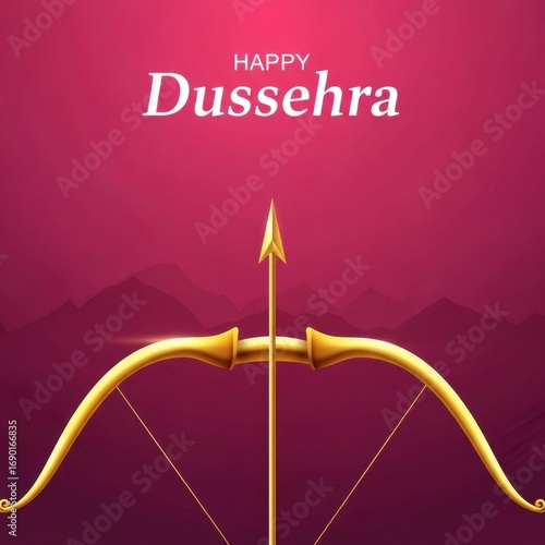 Happy dussehra greeting card with golden bow and arrow on a maroon background art
