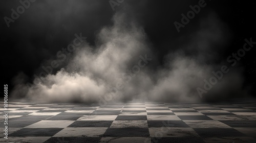 Dark Background with Volumetric Smoke over Checkerboard Floor 