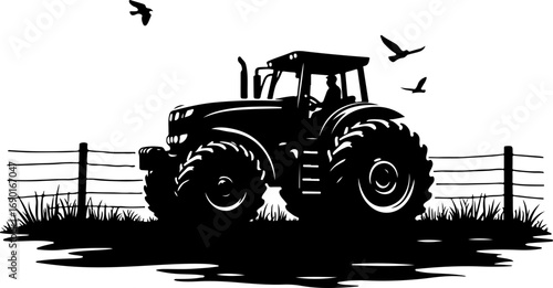 tractor silhouette in the field vector, tractor, farm, agriculture, red, machinery, agricultural, equipment, machine, vehicle, toy, transport, farming, field, isolated, green, truck, car, industry, fa