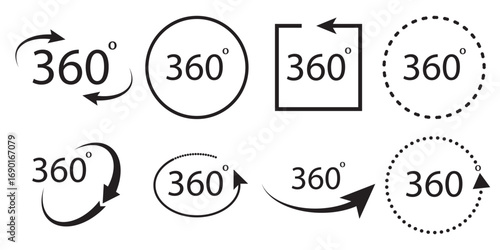 360 degree icon set in flat style. 360 degree view rotation set. 360 degree view. Virtual reality. Vertical and horizontal view. Arrow icons. Minimal interface icon, symbol. Vector graphic. EPS 10