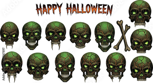 A terrifying collection of skulls with glowing green eyes and a happy halloween message, perfect for creating a spooky atmosphere for halloween