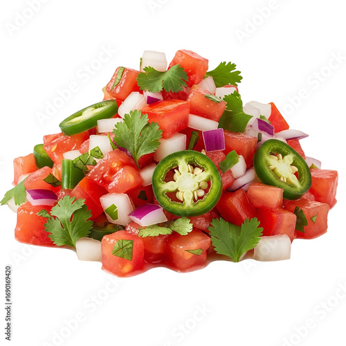 Photo of a fresh and colorful pico de gallo salsa made with diced tomatoes, onions, jalapeos, and cilantro, piled high and isolated on a transparent background