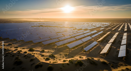 Vast Solar Farm at Sunset: Renewable Energy in Desert Landscape