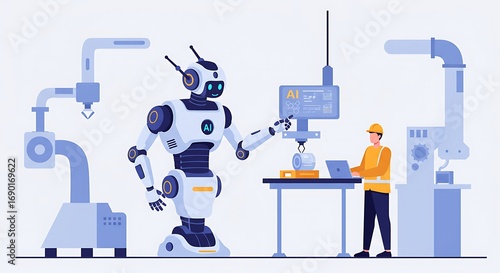 Humanoid Robot and Engineer Collaborating in a Smart Factory.