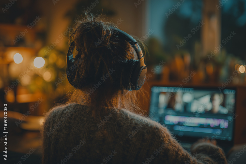 Woman editing video on laptop with headphones at home Woman editing video on laptop with headphones at home