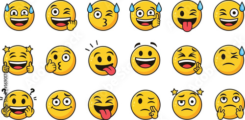 Collection of yellow emoji faces with different expressions, conveying a range of emotions from joy to confusion