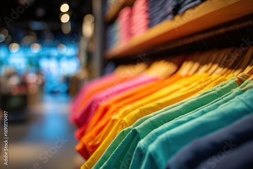 Colorful t-shirts on hangers in a store