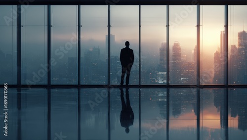 Businessman gazing at cityscape through panoramic windows