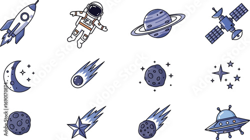 A stellar collection of spacethemed icons, featuring rockets, astronauts, planets, and other celestial wonders