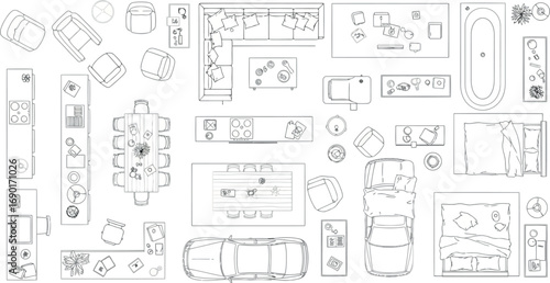 Vector vector art of topdown view of various furniture arrangements and room layouts, transparent background