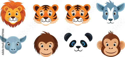 Cartoon animal faces featuring a lion, tiger, goat, sheep, monkey, and panda with cute and expressive features