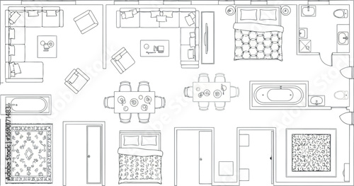 Vector vector art of detailed floor plan showcasing furniture placement in a modern home, transparent background