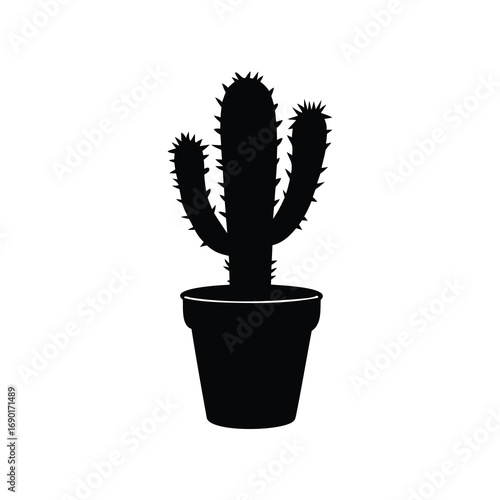 Silhouette of a potted saguaro cactus with three arms, isolated on white, cactus in pot silhouette vector illustration