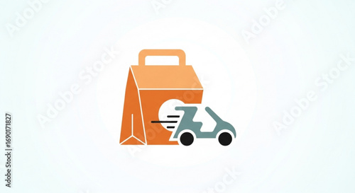 Fast food delivery service icon featuring a scooter and takeout bag, perfect for restaurants, apps, and online ordering concepts, conveying speed and convenience