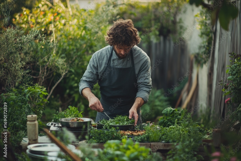 Fototapeta premium A chef prepares a meal outdoors, surrounded by fresh herbs and vegetables from his garden.