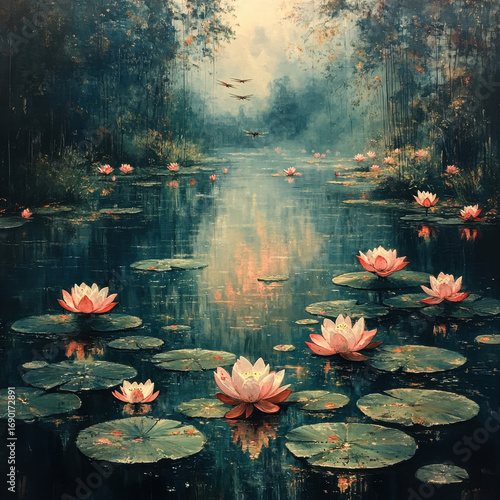 Bird flying over water lilies in a painting.