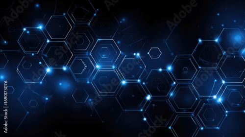 A futuristic digital background showcasing interconnected hexagons and glowing particles against a dark backdrop, symbolizing innovation and advanced technology in modern design.