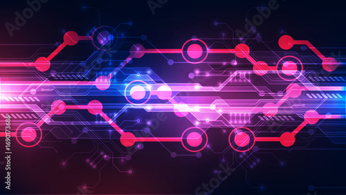Futuristic Neon Digital Circuit Board Background with Glowing Abstract Lines, Circular Nodes, and High-Tech Connectivity Design
