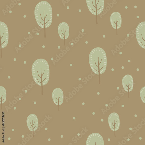 Seamless pattern with green trees on a brown background. Digital paper, for surface design, kids clothing, print