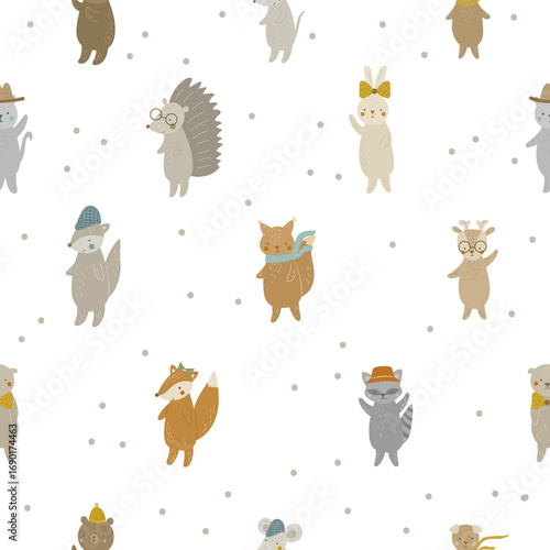 Seamless pattern with forest animals: fox, bear, hare, hedgehog, deer, wolf, and raccoon. Digital paper, for surface design, kids clothing, print
