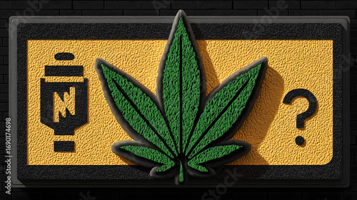 Hemp leaves,containing elements of question marks,express thoughts and reflections on marijuana