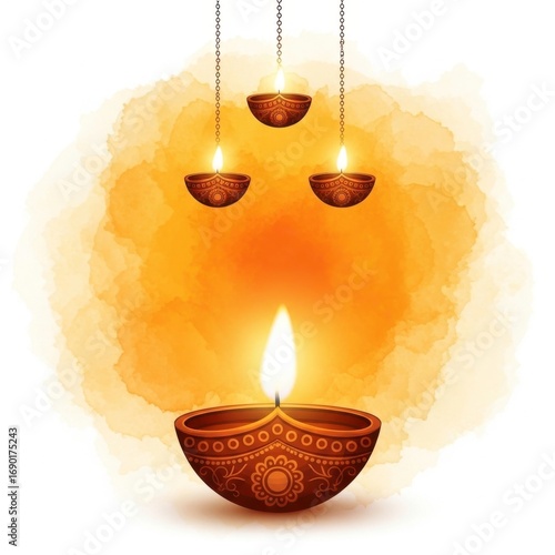 Illustration of lit diya lamps hanging and placed against an orange watercolor background