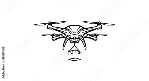 Black and white line art illustration of a quadcopter drone carrying a delivery package.