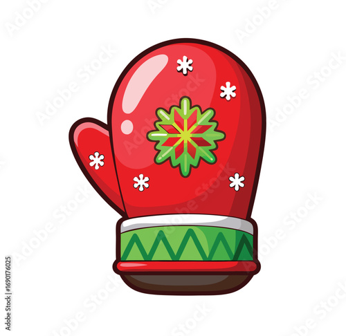 Festive red mitten with snowflake design and green cuff warm winter accessory