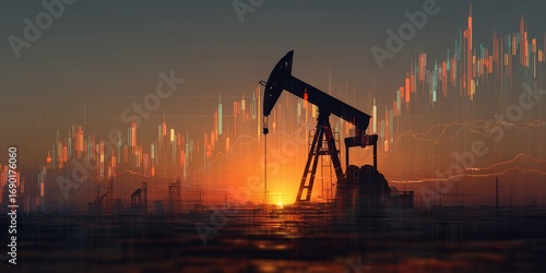 Silhouette of oil pump jack with financial chart overlay against the sunset sky showing dynamic market, concept for investment analytics, energy industry forecast and global economy trends