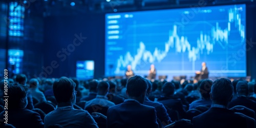 Audience watching speakers on stage with financial chart on screen at conference, concept for business presentation, corporate training and investment seminar