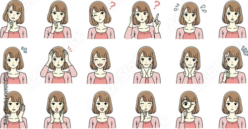 Vector vector art of collection of a womans facial expressions and gestures transparent background