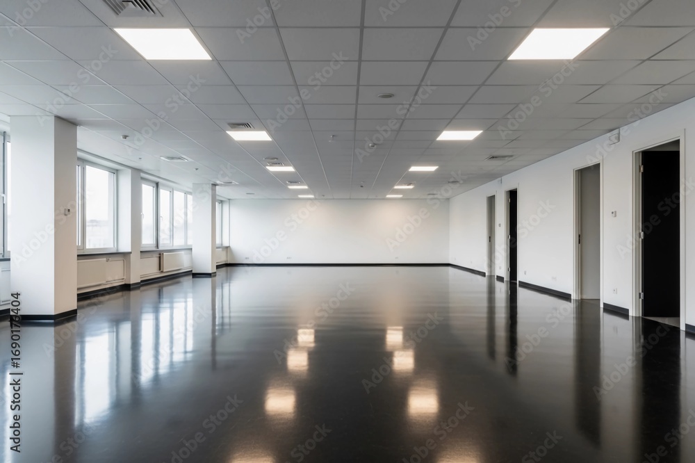 Obraz premium Empty modern office space interior with glossy floor and bright lights