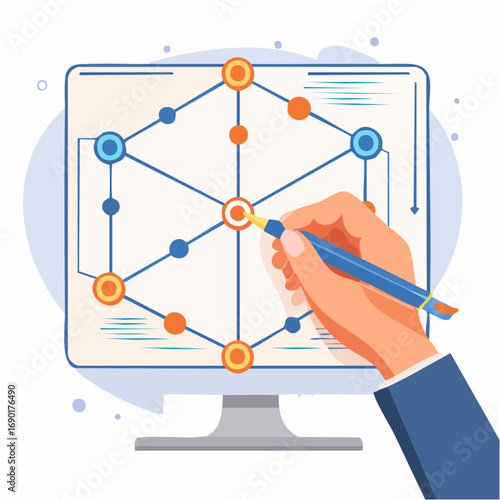 Hand Drawing Network Diagram On Computer Screen