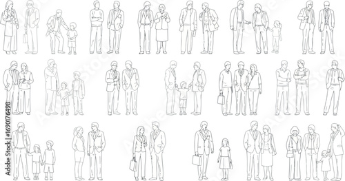 Vector vector art of architectural sketches of various groups of people in different poses transparent background