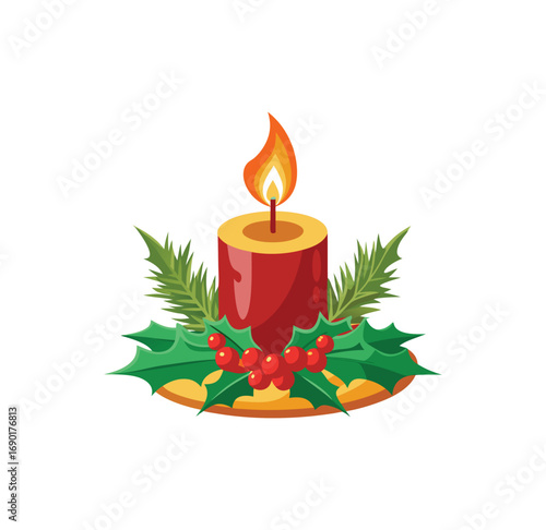 Festive red candle surrounded by holly and pine needles for holiday cheer