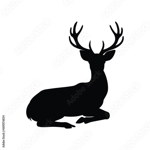 Silhouette of a majestic deer with antlers resting on a white background, deer sitting quietly silhouette vector illustration