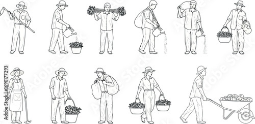 Vector vector art of line drawings of farmers performing agricultural tasks with tools and produce transparent background