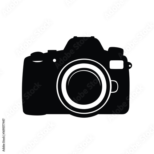 A simple black and white silhouette of a digital single lens reflex camera, dslr camera silhouette vector illustration