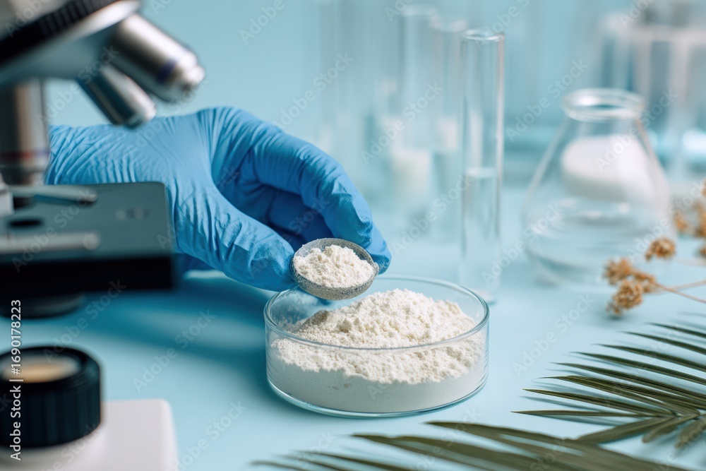 © Farid - Scientist in lab coat, wearing blue gloves, transfers powder from a small measuring spoon to a petri dish © Farid - Scientist in lab coat, wearing blue gloves, transfers powder from a small measuring spoon to a petri dish