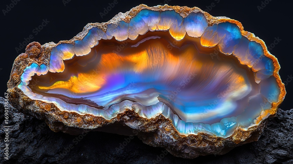 Fototapeta premium Spectacular Geode with Iridescent Layers on Dark Background 