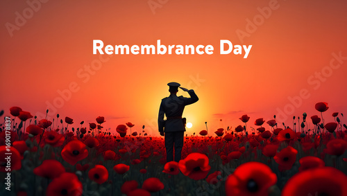 Silhouette of soldier saluting in poppy field for remembrance day