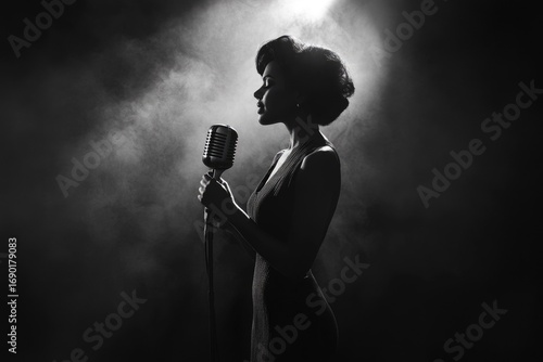 A black and white silhouette of a woman singing into a vintage microphone on a smoky stage.