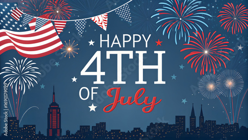 Happy 4th of july with fireworks and skyline for independence day