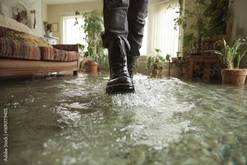 Person walks through flooded living room