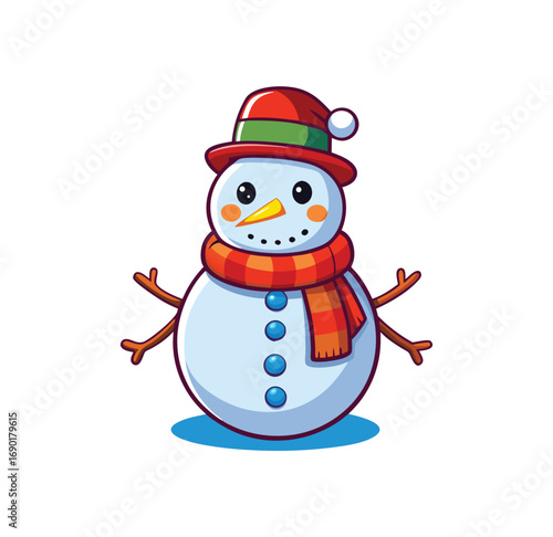 Charming cartoon snowman with red scarf and hat festive holiday winter character