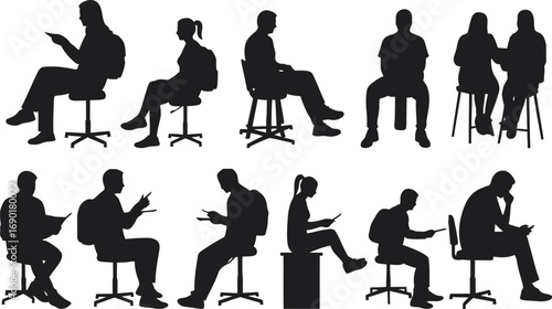 set of people silhouette, people sitting, vector design illustration. Silhouette of a student reading from a textbook vector silhouette