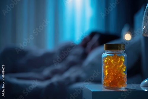Gummy bears on bedside table, sleeping person